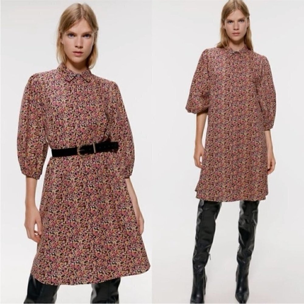Zara Micro Floral Print Balloon Sleeve Oversize Shirt Dress Size Medium